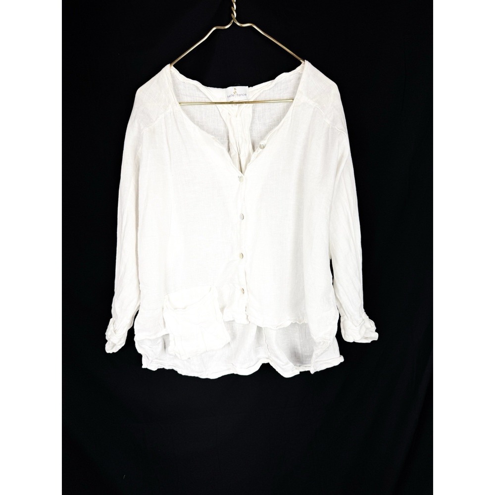 Belle France Shirt Sz S White Linen Button Front Italy Coastal Minimal Lagenlook